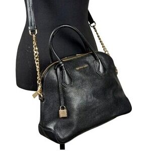 Michael Kors Mercer Black Pebbled Leather Dome Satchel Crossbody Bag Gold Chain
